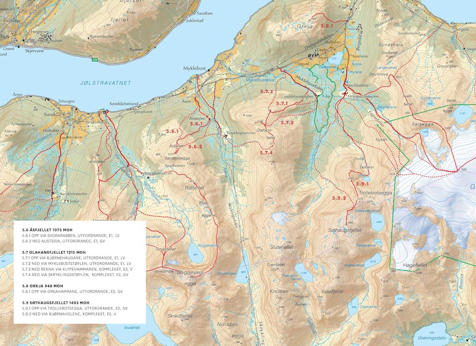 Oversiktskart over Sørsida av Jølstravatnet og Kjønesfjorden. Frå Toppturar i Sunnfjord.