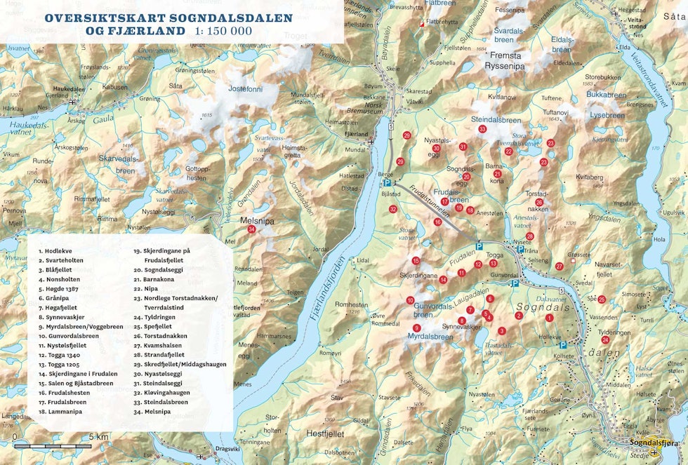 Oversiktskart over Sogndalsdalen og Fjærland. Frå Toppturar i Sogn