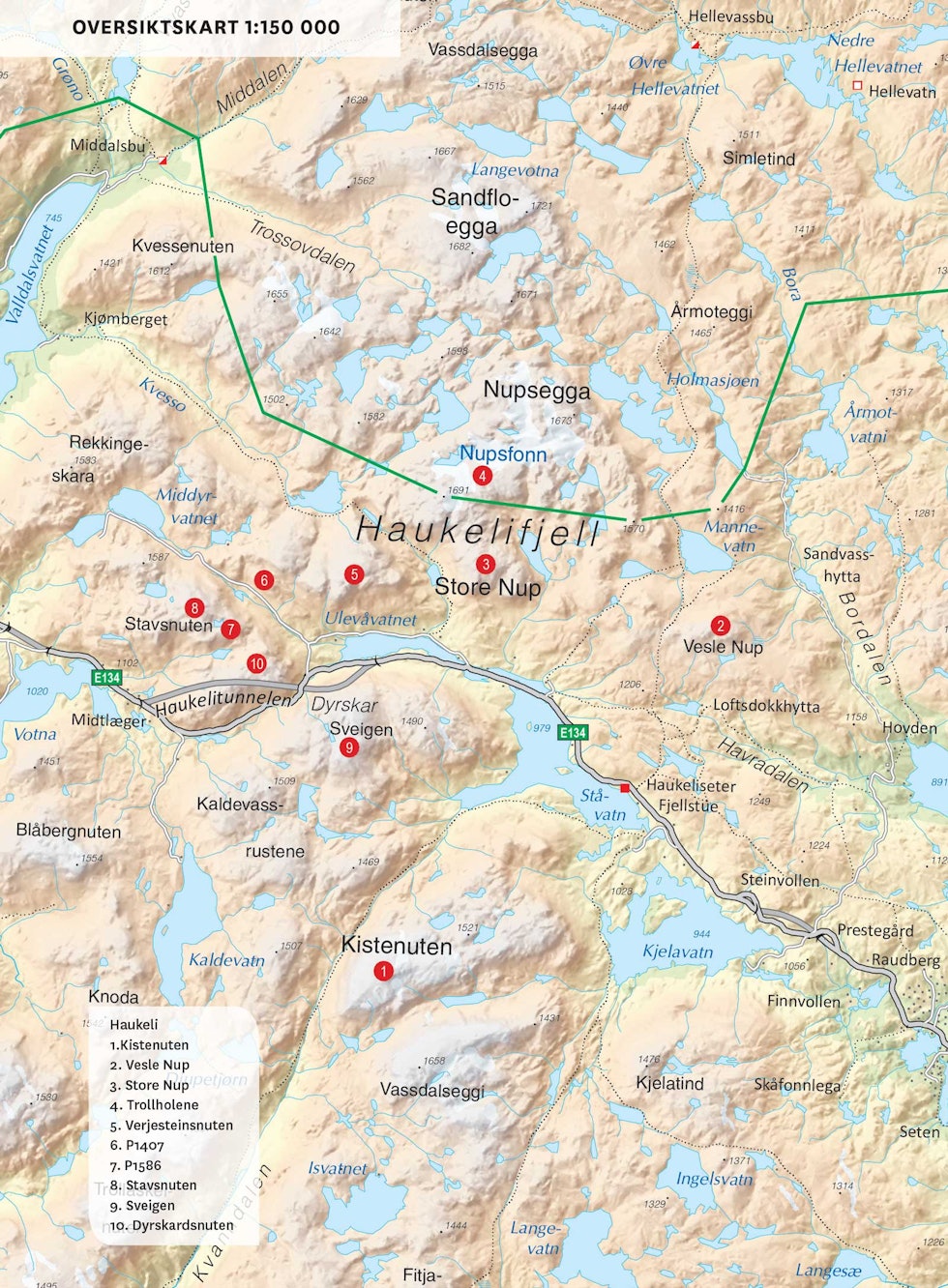 Oversiktskart over Haukeli. Fra Toppturer i Sørvest.