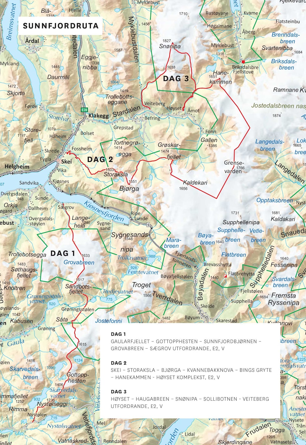 Oversiktskart over Sunnfjordrute. Frå Toppturar i Sunnfjord