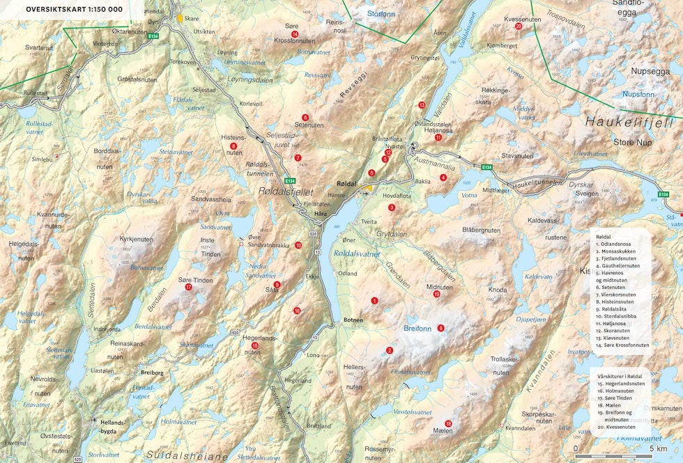 Oversiktskart over Røldal. Fra Toppturer i Sørvest.