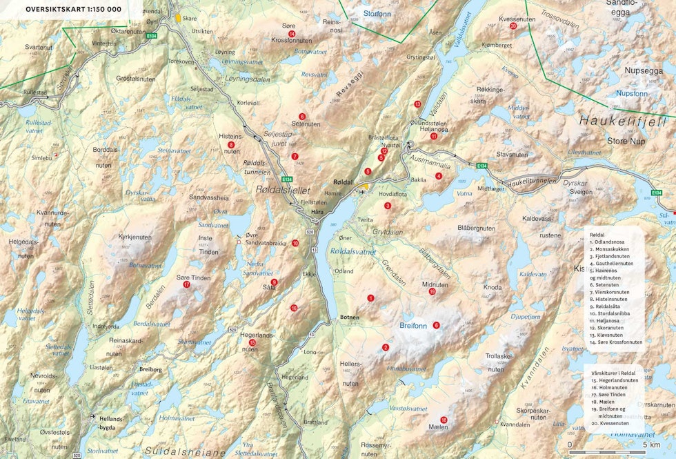 Oversiktskart over Røldal. Fra Toppturer i Sørvest. Oversiktskart over Røldal. Fra Toppturer i Sørvest.