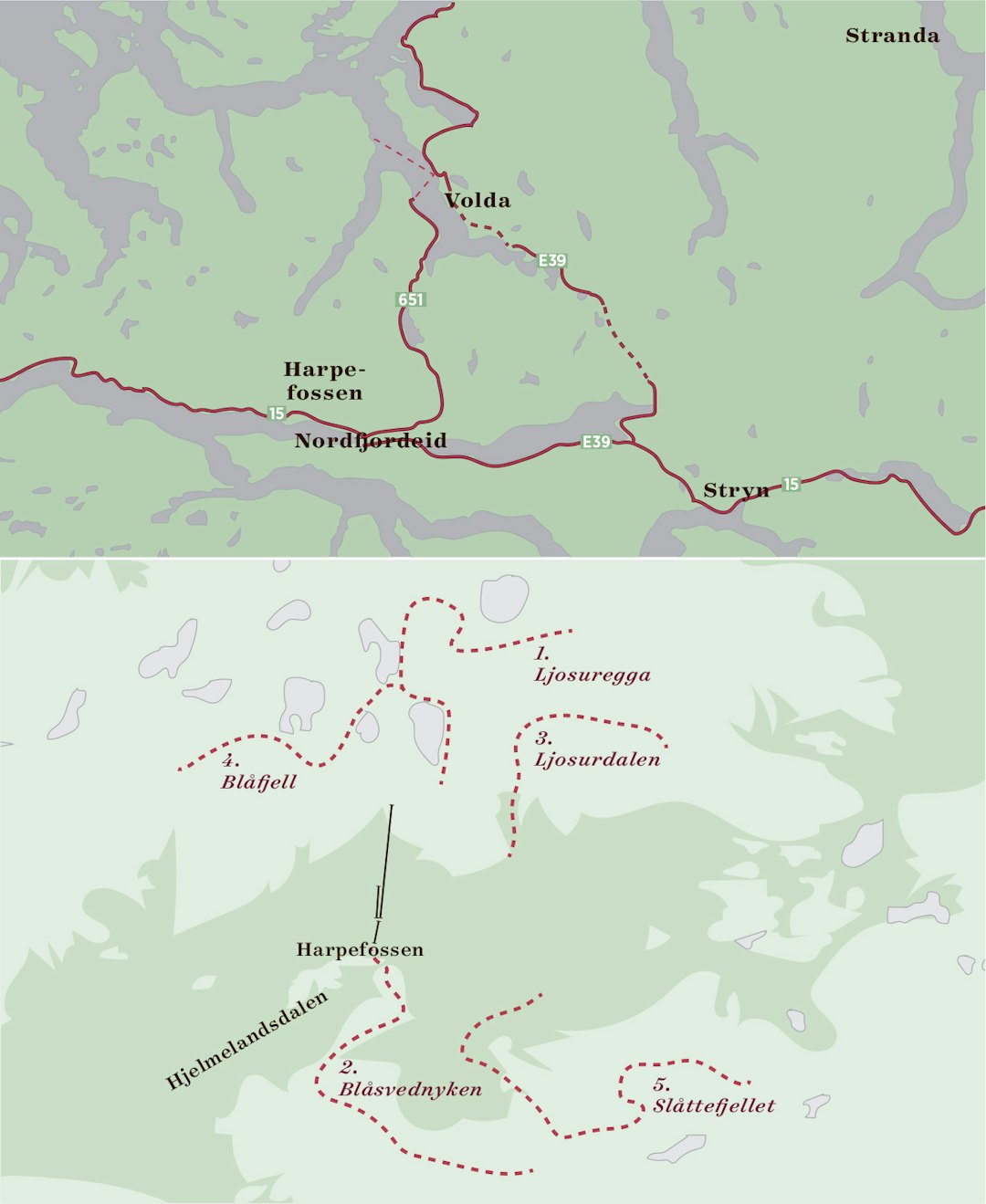 PLANENE: Harpefossen ønsker å bedrive catskiing på fem fjelltopper, sør og nord for skisenteret.