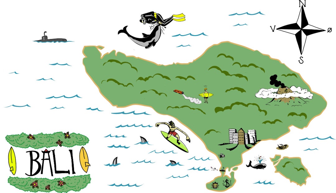 BALI: Bali er ikke så stort, men det likevel fryktelig lang tid å forflytte seg takket være dårlige veier fordelt på ekstremt mange mennesker. Illustrasjon: Didrik Magnus-Andresen BALI: Bali er ikke så stort, men det likevel fryktelig lang tid å forflytte seg takket være dårlige veier fordelt på ekstremt mange mennesker. Illustrasjon: Didrik Magnus-Andresen