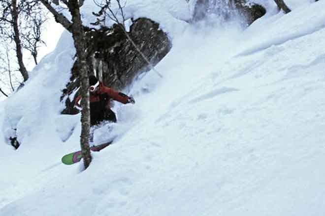 GRANDIOSA-FAN: John-Arne Løvold akter å slåss mot hyttebygging i Grandiosaskogen -det fantastiske skogsrunnet ned mot Grandiosafabrikken på Stranda. Her gjemmer han seg bak et av trærne i området. Foto: Privat image-1