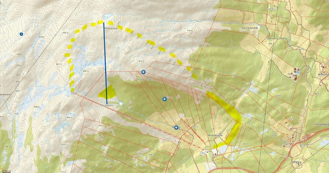 NYHETER I SOGN: Blå strek er ny heis, gult område er nyhogd frikjøringsskog av beste vestlandsmerke. NYHETER I SOGN: Blå strek er ny heis, gult område er nyhogd frikjøringsskog av beste vestlandsmerke.