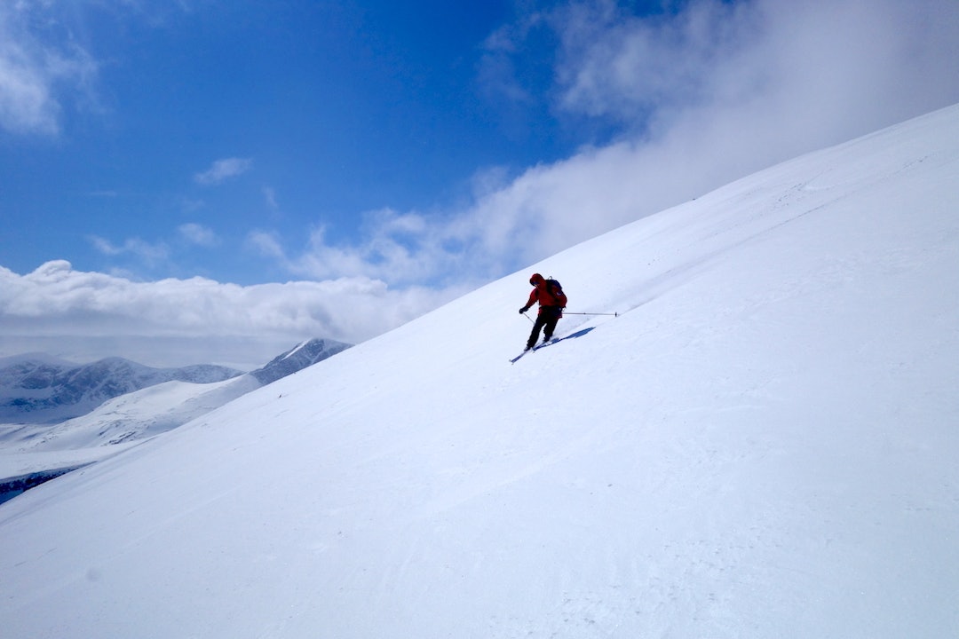 Skikjøring i fin styresnø fra Stortoppen av Snøhetta. Foto: Erlend Sande telemarkssving Snøhetta dovrefjell