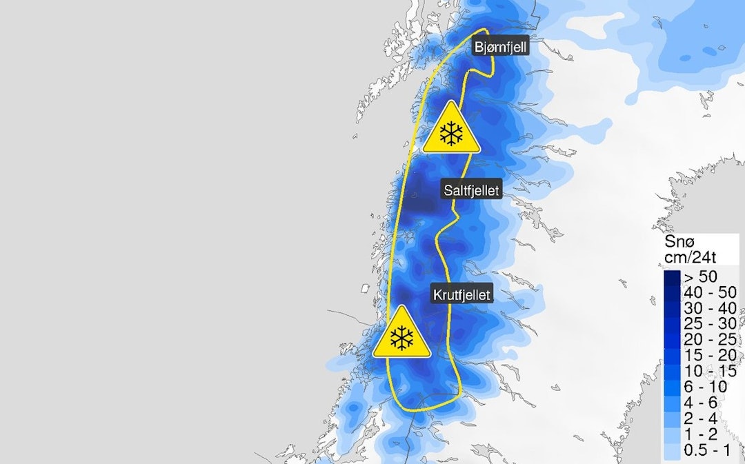 GLITTER: Gult farevarsel om snø i høyden for Nord-Trøndelag og store deler av Nordland. Bilde: Yr.no