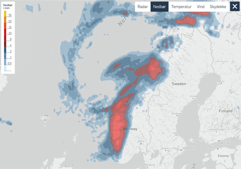 NEDBØR: Storm.no sin animasjon av nedbøren som kommer. Skjermbildet er tatt for torsdag 11. klokken 07.00. Skjermbilde: Storm.no NEDBØR: Storm.no sin animasjon av nedbøren som kommer. Skjermbildet er tatt for torsdag 11. klokken 07.00. Skjermbilde: Storm.no