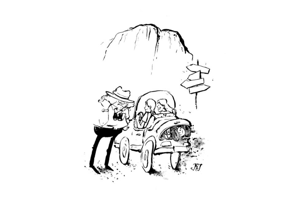 Håpefulle nordmenn i Yosemite: Etter innsjekk på campen bar det rett til El Cap. Illustrasjon: Kristian T. Torsvik