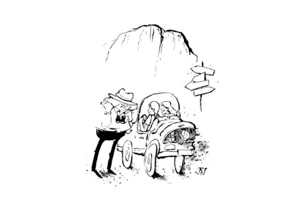 Håpefulle nordmenn i Yosemite: Etter innsjekk på campen bar det rett til El Cap. Illustrasjon: Kristian T. Torsvik Håpefulle nordmenn i Yosemite: Etter innsjekk på campen bar det rett til El Cap. Illustrasjon: Kristian T. Torsvik