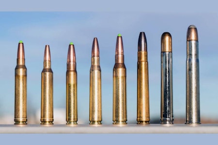 GROVKALIBER: Et utvalg grove kalibre. Fra venstre: .300 Win. Mag, 7MM Rem.mag, 9,3 X 62, 8 X 68 S, .338 Lapua Magnum, .375 H&H, .458 Lott og 470 NE. utvalg kuler i grovkaliber