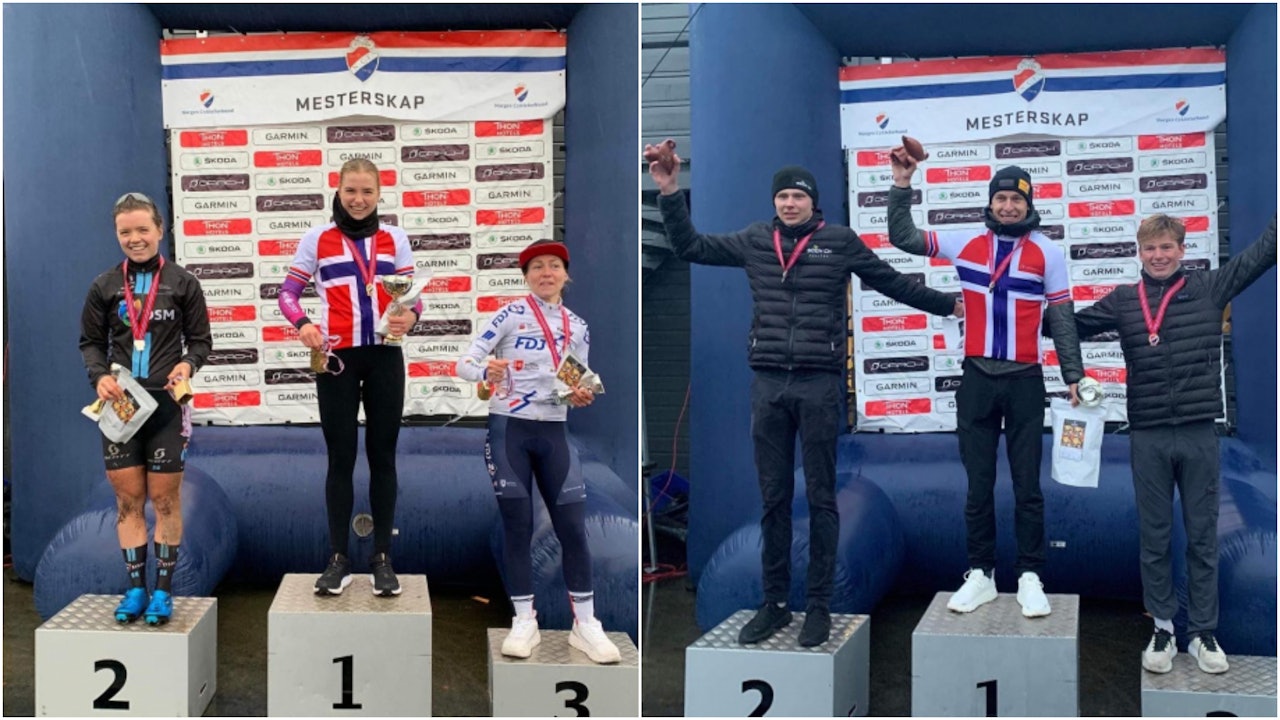 NORGESMESTERE: Mie Bjørndal Ottestad og Tobias Halland Johannessen tok NM-titlene. Foto: Norges Cykleforbund nm i cyclocross, mie bjørndal ottestad, tobias halland johannessen, norges cykleforbund, norgesmester