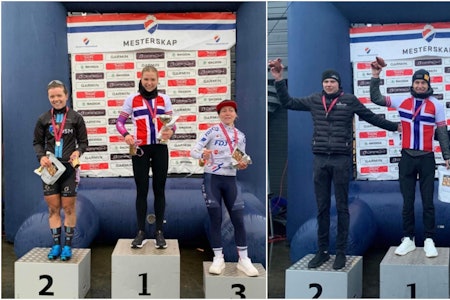 NORGESMESTERE: Mie Bjørndal Ottestad og Tobias Halland Johannessen tok NM-titlene. Foto: Norges Cykleforbund nm i cyclocross, mie bjørndal ottestad, tobias halland johannessen, norges cykleforbund, norgesmester