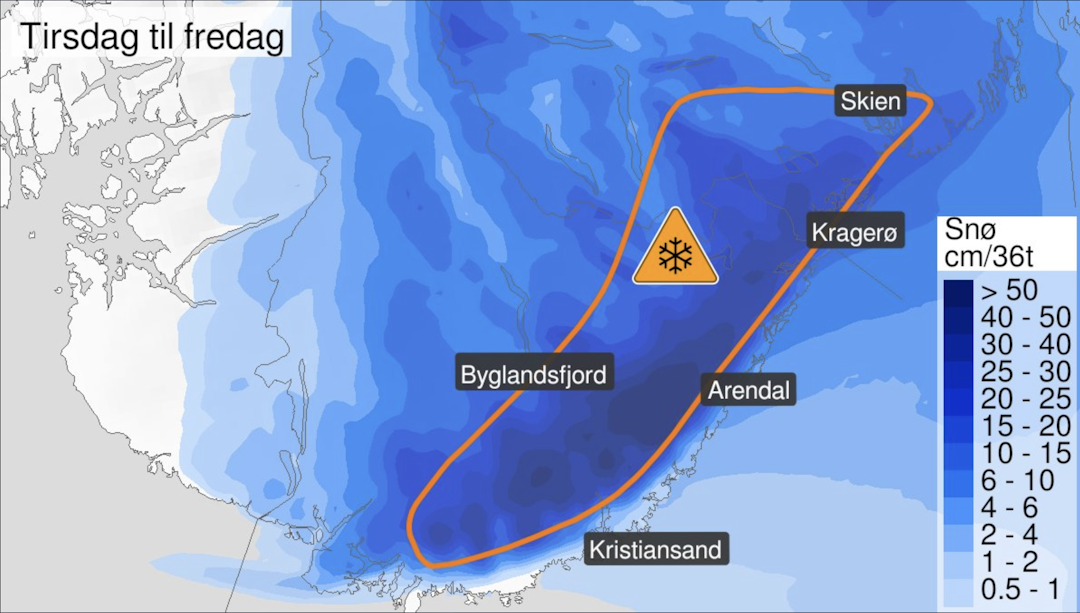 MYE SNØ: Yr.no har sendt ut farevarsel og melder om snømengder på et sted mellom 40 og 80 centimeter sør i landet. MYE SNØ: Yr.no har sendt ut farevarsel og melder om snømengder på et sted mellom 40 og 80 centimeter sør i landet.
