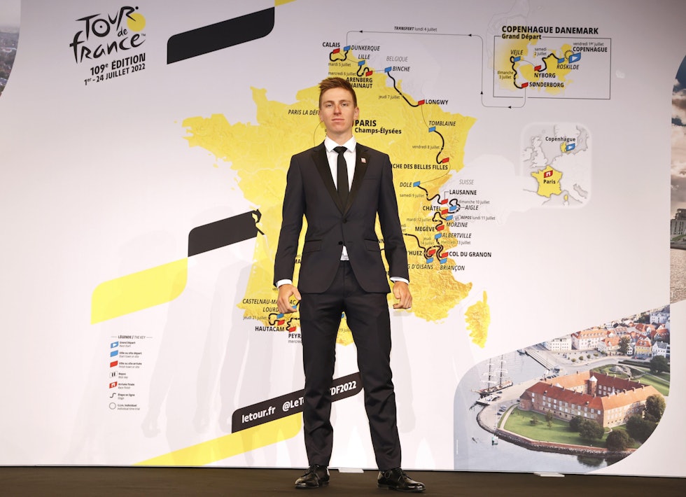 TITTELFORSVARER: Tadej Pogacar har vunnet de to foregående utgavene av Tour de France. Her under løypepresentasjonen i oktober. Foto: Cor Vos Tadej Pogacar, Tour de France 2022 etapper