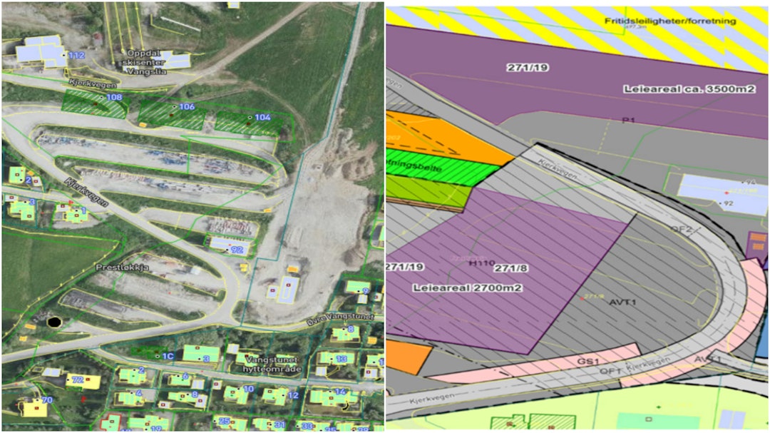 LEIER AV KOMMUNEN: Bildet til venstre viser hele parkeringsarealet til Oppdal Skisenter, mens det venstre viser hvilke områder senteret leier av kommunen. Foto: Oppdal Kommune