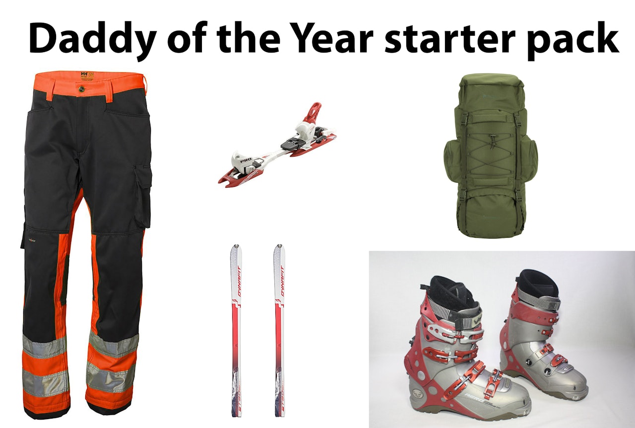VIKTIG UTSTYR: Dette stæsjet er sentralt hvis man skal nomineres (av meg) til tittelen årets toppturpappa. Sentralt toppturutstyr for deg som skal bli årets toppturpappa