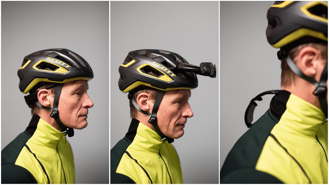 HVOR? Brillen kan ikke festes i hjelmen, og satt dårlig bak ørene på noen av testerne. Nakkekragen fungerer fint. Foto: Henrik Alpers. 