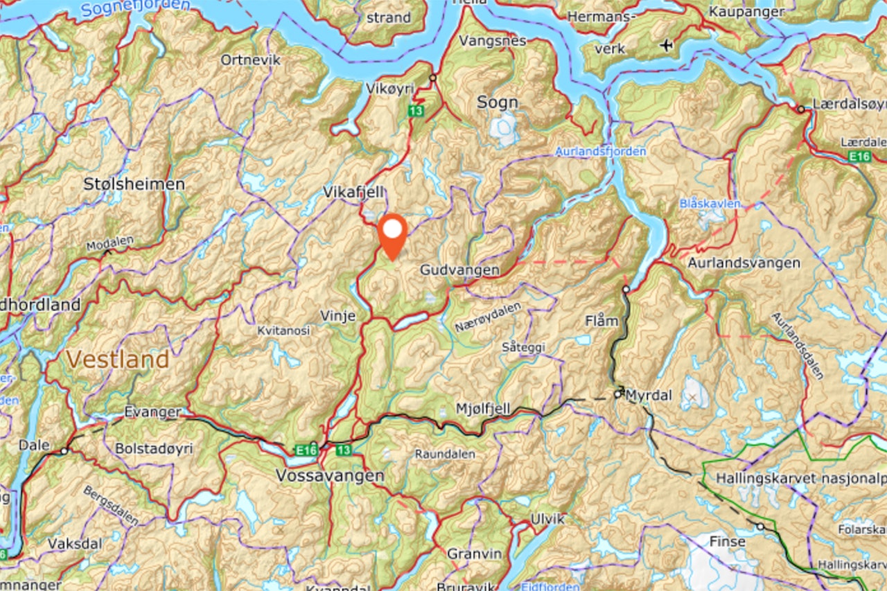 SKRED: Det var i dette området en person ble delvis begravd i et snøskred. Fot: Norgeskart SKRED: Det var i dette området en person ble delvis begravd i et snøskred. Fot: Norgeskart