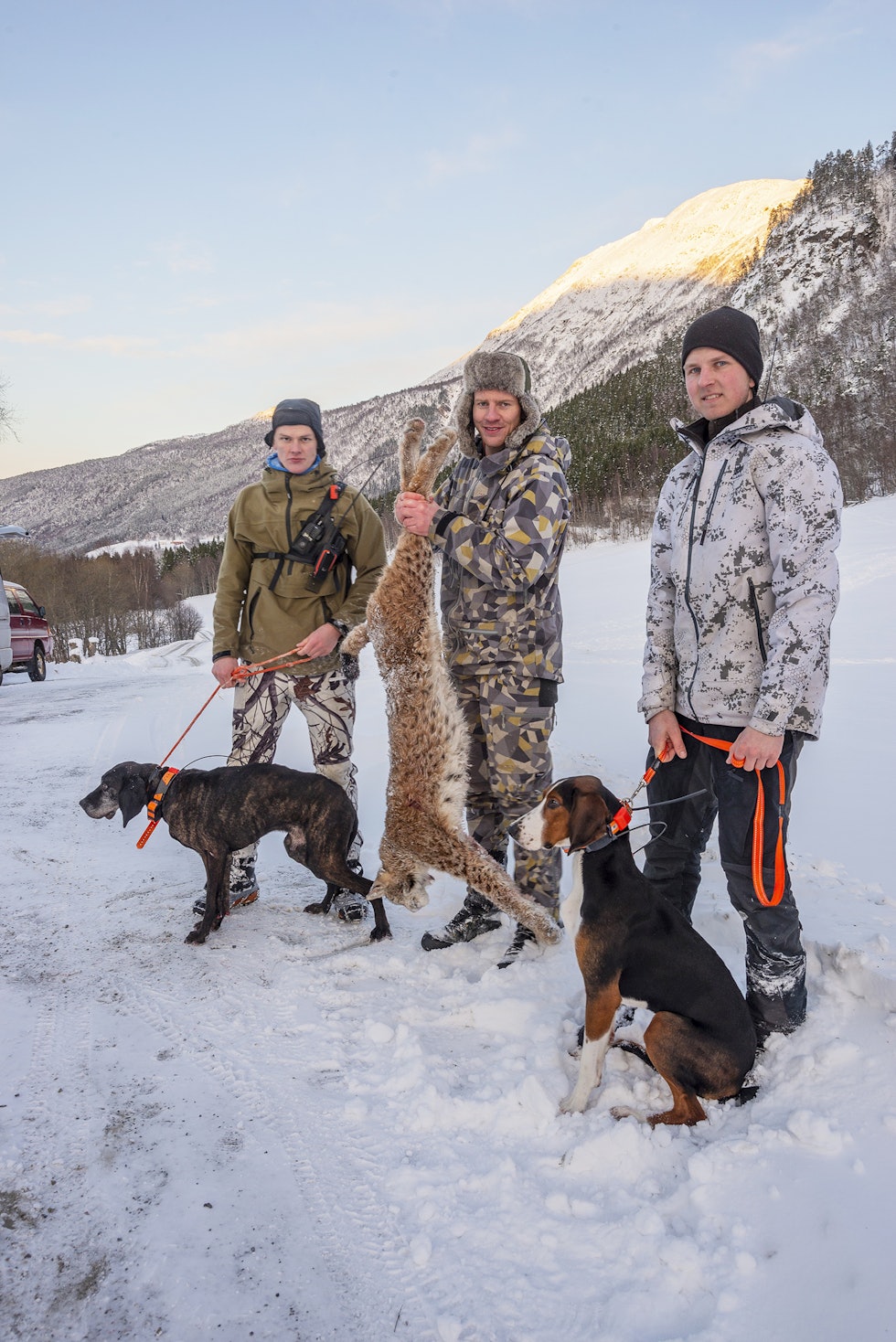 God hundehjelp: Lars Åsrønning (t.v.) med plotthund og Jørgen Kvåle med finsk støver, begge fra Gauldal i Trøndelag. I midten jaktleder Sigbjørn Skar med gaupa. Bak sees lia der jakta foregikk. God hundehjelp: Lars Åsrønning (t.v.) med plotthund og Jørgen Kvåle med finsk støver, begge fra Gauldal i Trøndelag. I midten jaktleder Sigbjørn Skar med gaupa. Bak sees lia der jakta foregikk.