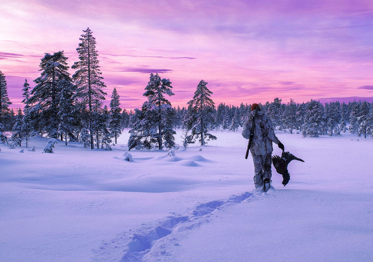 Vinnerbildet: Med dette bildet fra toppjakt, vant Halvor Klareng JEGERs fotokonkurranse 2021. Vi gratulerer med ny Bergara-rifle! Jeger på toppjakt bærer en tiur mot fargerik himmel