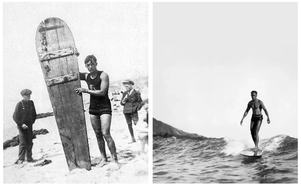 MISJONÆRER: Pionerene George Freeth med sitt redwood-surfbrett (venstre) og Duke Kahanamoku var de første til å spre surfingens gleder til resten av verden. 