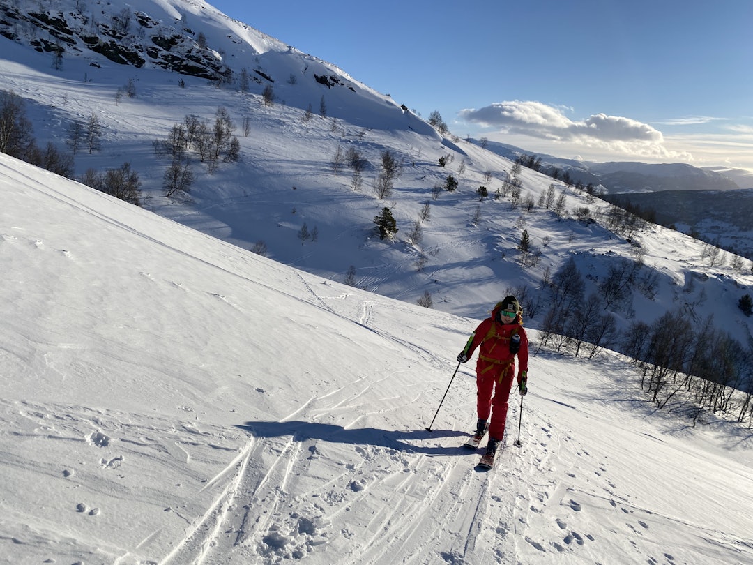 ALLSIDIG: Stellars skalljakke er god til både frikjøring og topptur, og den rimelige Dermizax-membranen imponerer. Foto: Tore Meirik Dame som går topptur i vinterfjellet