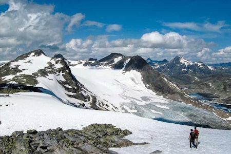 På Langeskavlen underveis til Langeskavltind med utsikt til Mjølkedalsbreen til høyre.