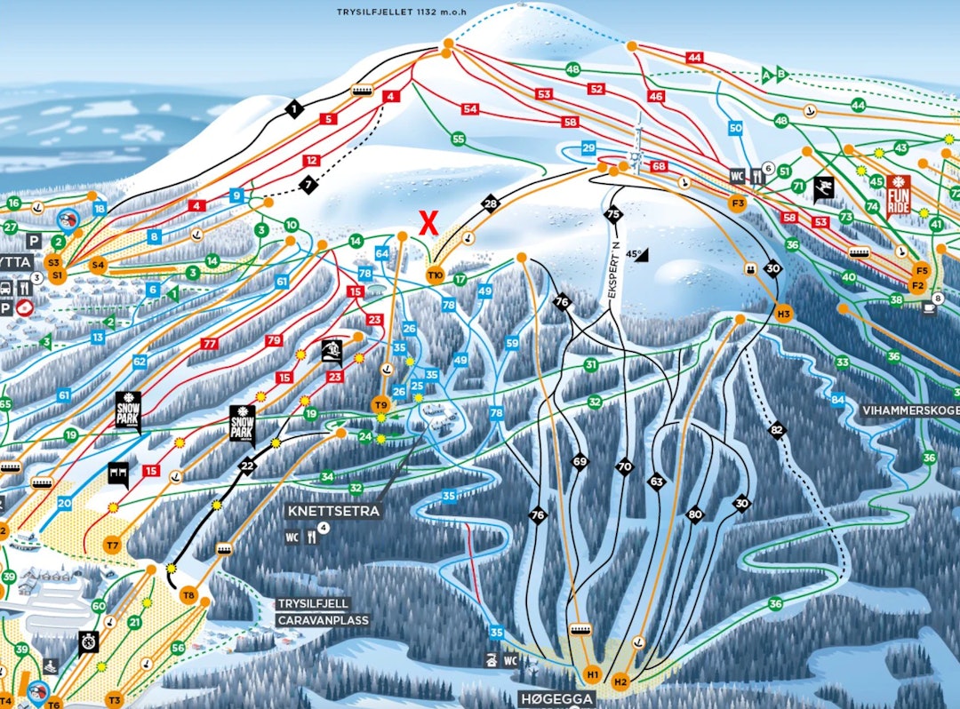 X MARKERER SKREDET: Snøskredet gikk i det populære frikjøringsområdet mellom heisene Hesten og Setertrekket. trysil