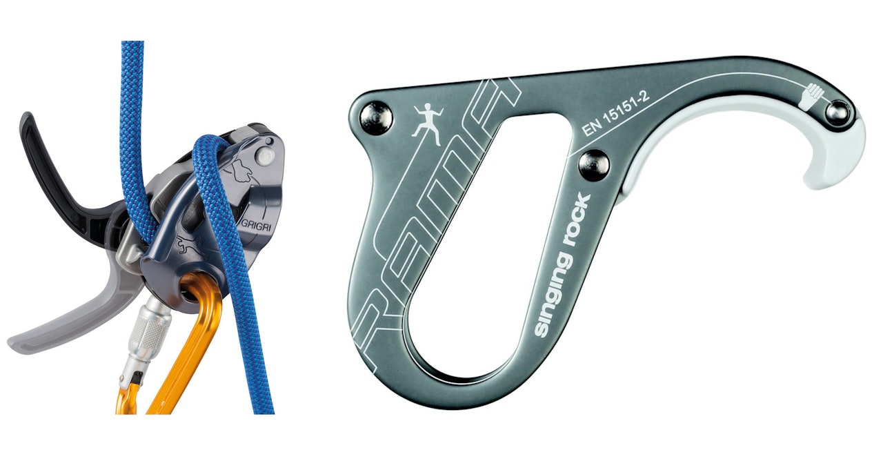 ANBEFALT: Assisterende taubremser – som Petzl Grigri (til venstre) og Singing Rock Rama – er nå strekt anbefalt av Norges klatreforbund. taubrems for klatring