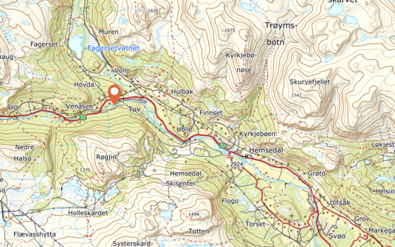 RJUKANDEFOSSEN: Ulykken skjedde nordvest for Hemsedal sentrum. kart