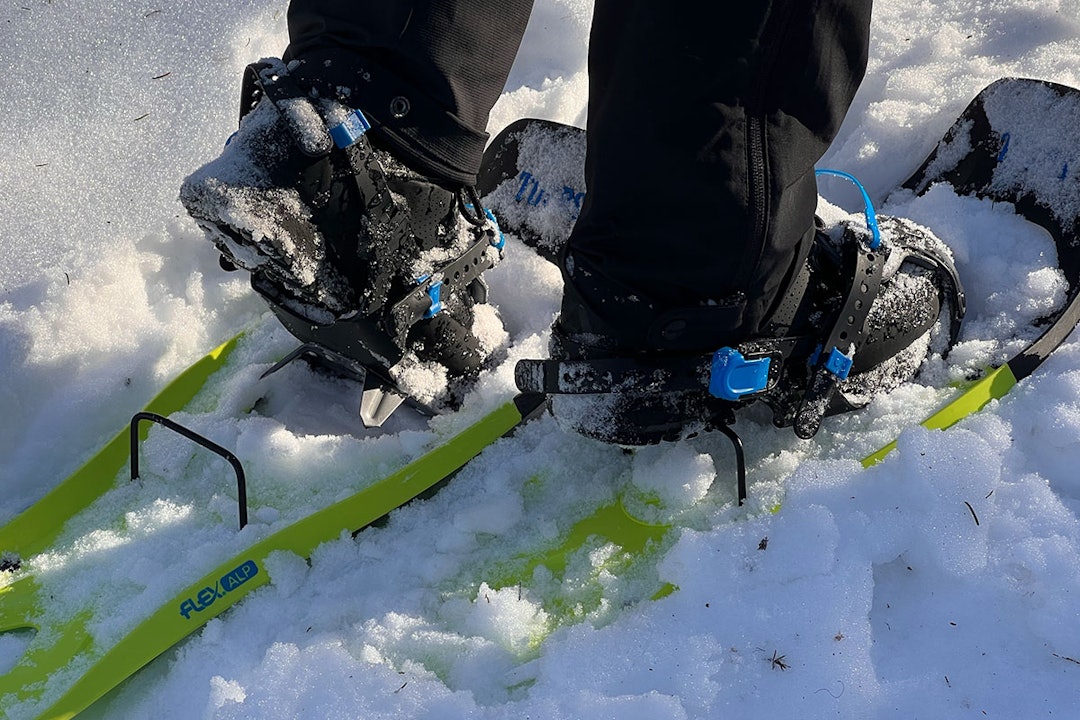 TUBBS FLEX ALP: Tubbs Flex ALP Womans 25 har gummistropper foran slik at man enkelt kan løsne bindingene på trugene. tubbs flex alp woman 25 truge med hælløfter oppspent til test i snøen
