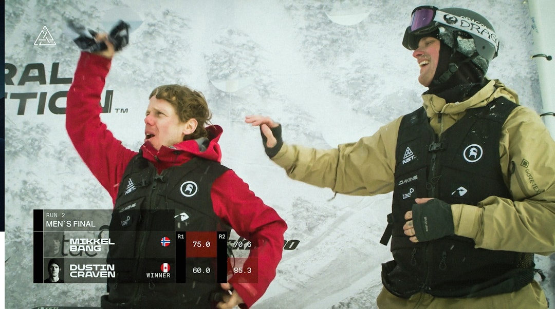 CANADA MOT NORGE: Mikkel Bang (t.v.) måtte se seg slått av kanadiske Dustin Craven i finalen. Skjermdump: Natural Selection Tour CANADA MOT NORGE: Mikkel Bang (t.v.) måtte se seg slått av kanadiske Dustin Craven i finalen. Skjermdump: Natural Selection Tour