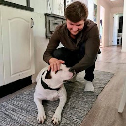 Omplassert: Hundene som ikke ble avliva i kjølvannet av catch dog-saken, ble omplassert. Her er Svarttrost-journalist Sindre Leganger på besøk hos en av hundene. Amerikansk bulldog klappes av mann på kjøkken