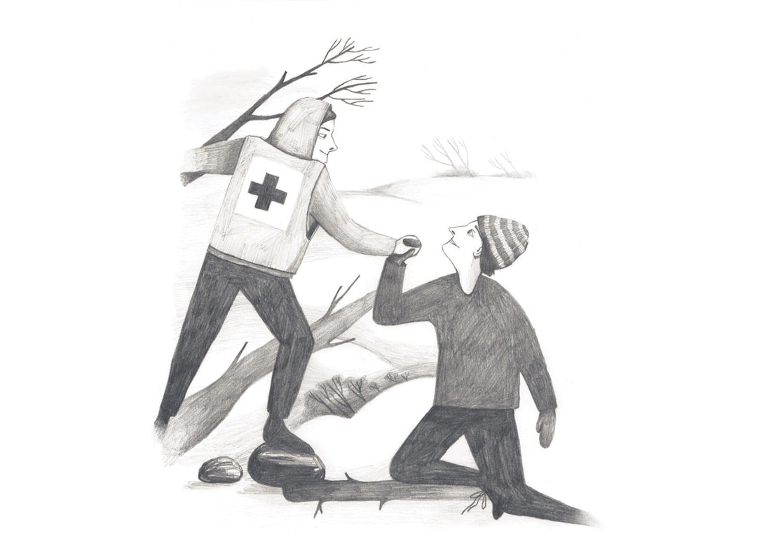 HJELPERNE: De kommer når du sitter fast. De kommer når du gråter. Illustrasjon: Anne Valaug redningstjenesten