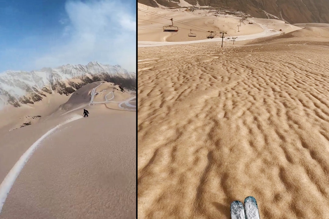BLODSNØ: Absurde scener fra filmen til Lounis Regad lenger ned i saken, der han og vennene hans står ski og brett på den røde snøen i Pyrineene. Skjermdump: Lounis Regadi frikjøring på rød snø fra Sahara