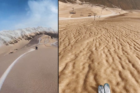 BLODSNØ: Absurde scener fra filmen til Lounis Regad lenger ned i saken, der han og vennene hans står ski og brett på den røde snøen i Pyrineene. Skjermdump: Lounis Regadi frikjøring på rød snø fra Sahara