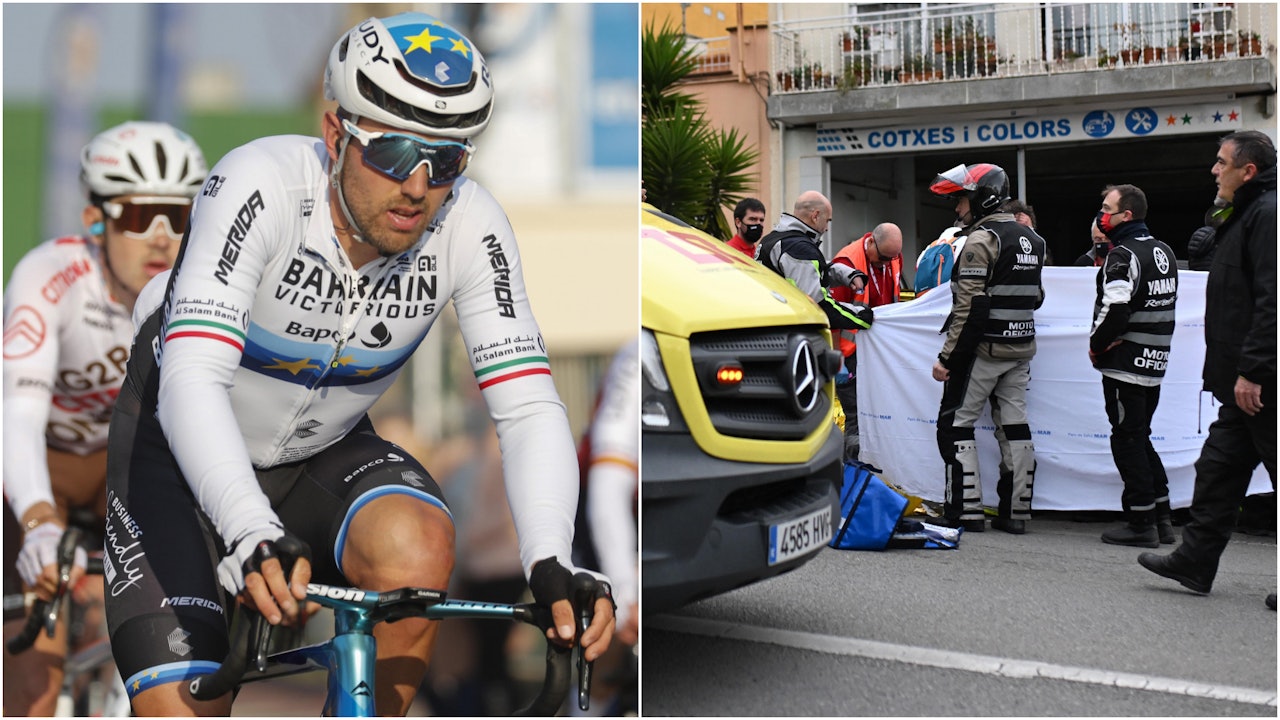 FIKK HJERTESTANS: Sonny Colbrelli kollapset med i målområdet etter målgang i Volta a Catalunya. Foto: Cor Vos sonny colbrelli volta a catalunya