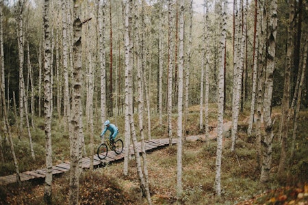STISYKLING I MARKA: Pioneren er en tilrettelagt sti i Østmarka, og her er det lagt ut klopper. Men det kan man ikke bare legge ut hvor som helst. Foto: Kristoffer H. Kippernes pioneren østmarka oslo