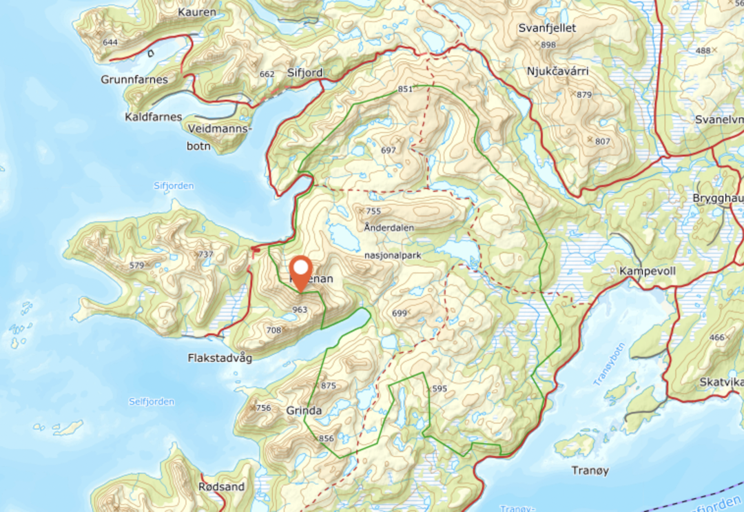 SKRED: Skredet gikk på Kvænan på Senja. Foto: Norgeskart Kvænan Senja.