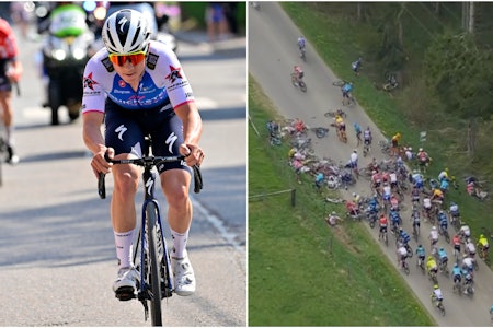 DRAMATISK: Remco Evenepoel gikk alene og var overlegen, men før det ble store deler av feltet satt ut av en stygg velt. Foto: Cor Vos / Eurosport/GCN+