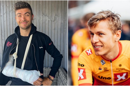 VELTET: Odd Christian Eiking fikk brudd i armen, mens Tobias Halland Johannessen slapp unna bruddskader. Foto: Odd Christian Eiking/Instagram / CyclingImages/Russ Ellis