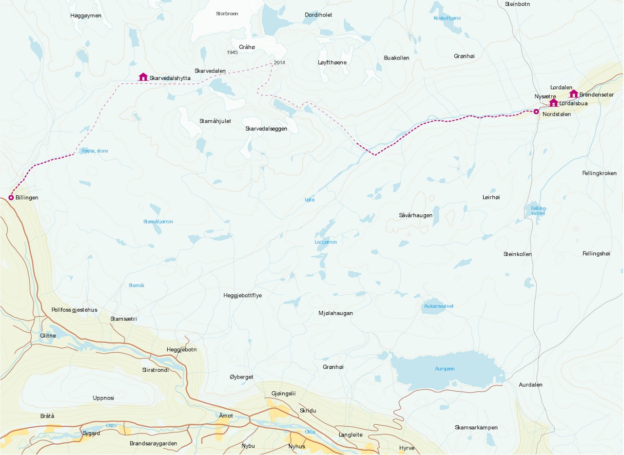 Kart som gir god oversikt over Gråhø i Reinheimen nasjonalpark og inkluderer andre topper og hytter i nærheten