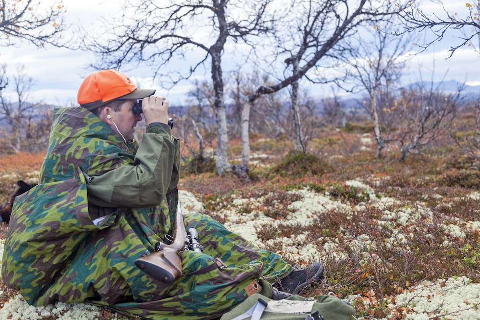 På hogget: For den oppmerksomme jeger skjer det alltid noe også under posteringsjakt etter elg – i eller utenfor drevet. Elgjeger på post i fjellduk ser i kikkerten.
