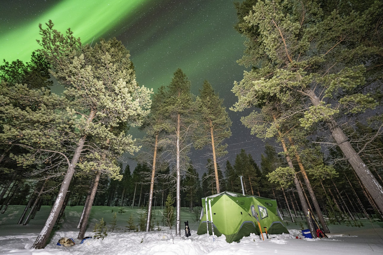 Nord Icehotel pop up-telt fotografert i nordlys