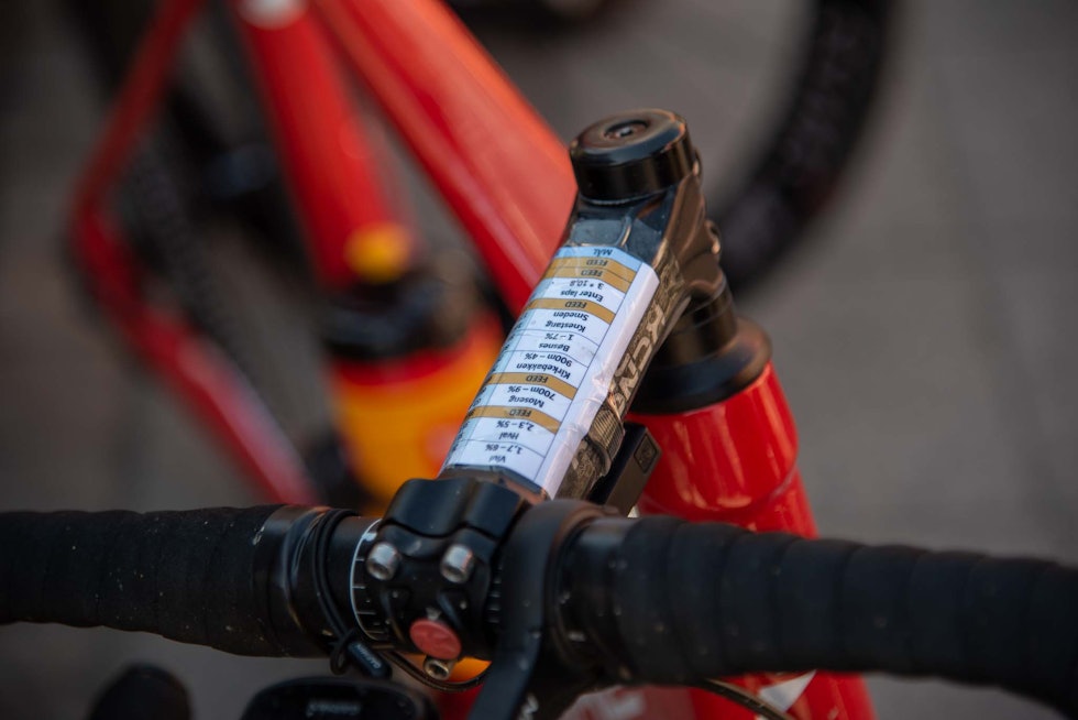 DETALJER: Stemmet på Dare-sykkelen til Sakarias Koller Løland med info om de kritiske punktene i Ringerike GP. Foto: Henrik Alpers DETALJER: Stemmet på Dare-sykkelen til Sakarias Koller Løland med info om de kritiske punktene i Ringerike GP. Foto: Henrik Alpers