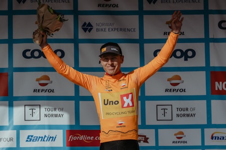 I LEDELSEN: Tobias Halland Johannessen spurtet seg inn i gul ledertrøye i Tour of Norway. Foto: Szymon Gruchalski I LEDELSEN: Tobias Halland Johannessen spurtet seg inn i gul ledertrøye i Tour of Norway. Foto: Szymon Gruchalski