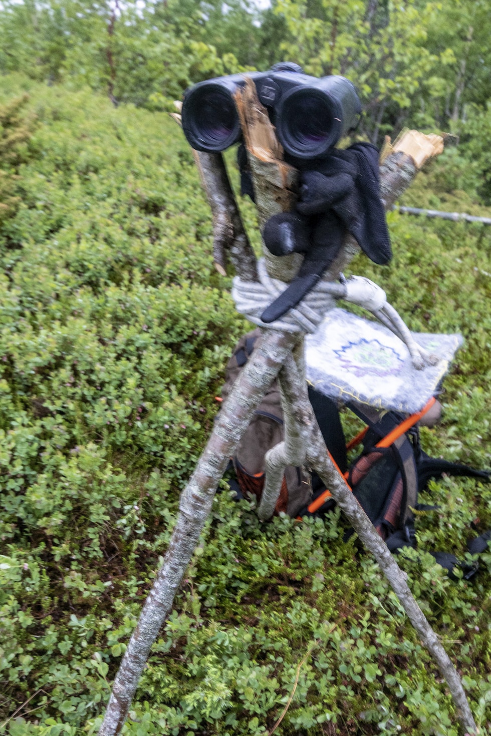 Improviser: En trefot av tre kjepper gir fin støtte. Bygg under med en pøll, ei lue eller et par hansker for å ha noe å justere tilten med. Denne kan fint stå igjen på posten til neste jakt. Kikkertstøtte av greiner