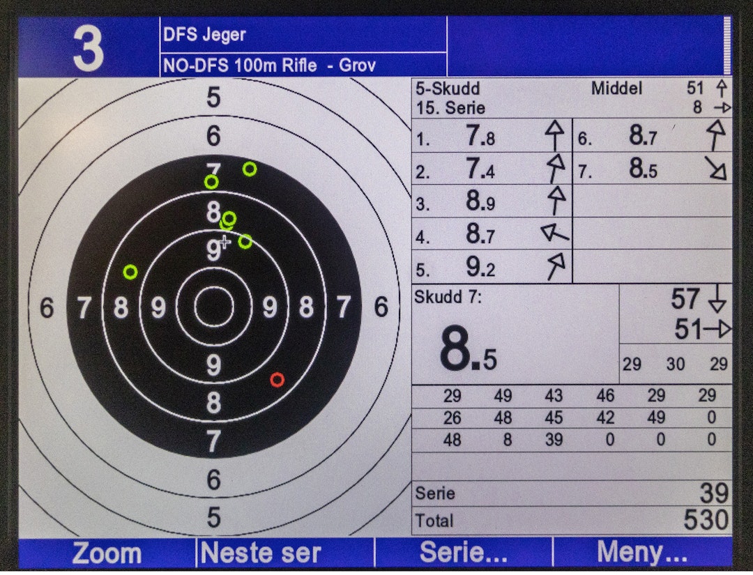 Middeltreffpunkt 2: Etter åtte skudd har middeltreffpunktet flyttet seg 4,0  cm ned. En lav 8’er og en 8’er langt til venstre kan være greit å ignorere. De utgjør nok 2-3 knepp.